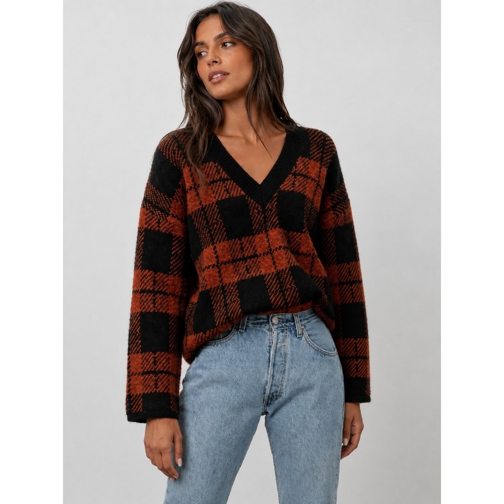 Rails Colleen Rust Black Plaid V-Neck Wool Blend Oversized Sweater XS